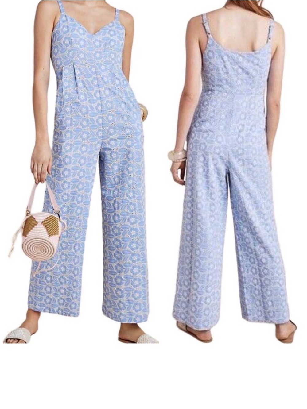Anthropologie Laia Karina Eyelet Embroidered Floral Wide Leg Jumpsuit in Sky